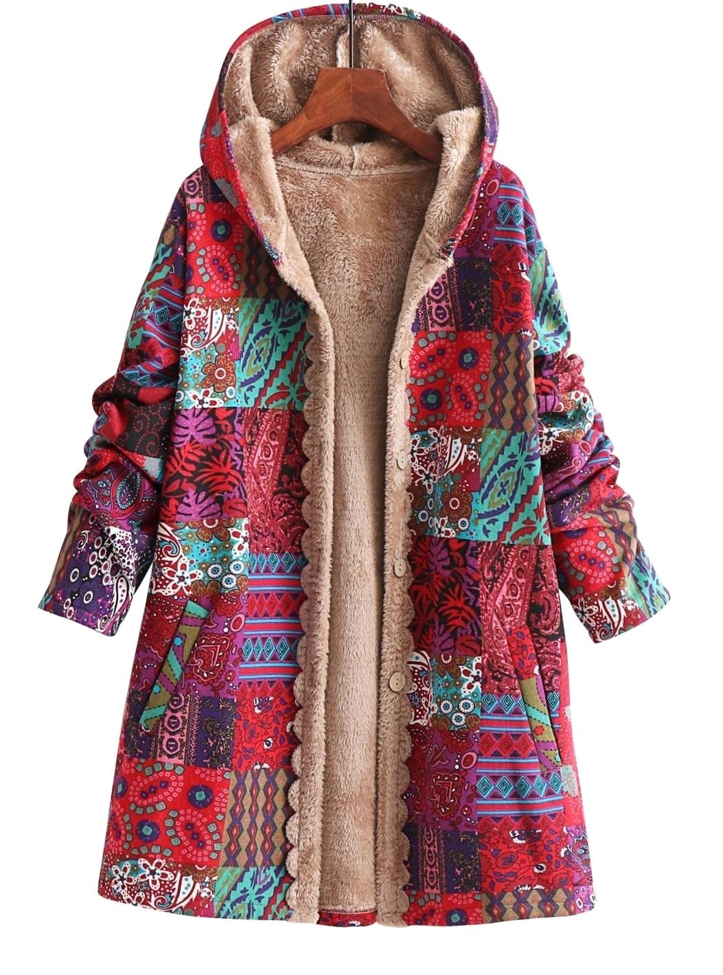 Women's Boho Patchwork Fleece-Lined Hooded Comfortable Jacket - Red