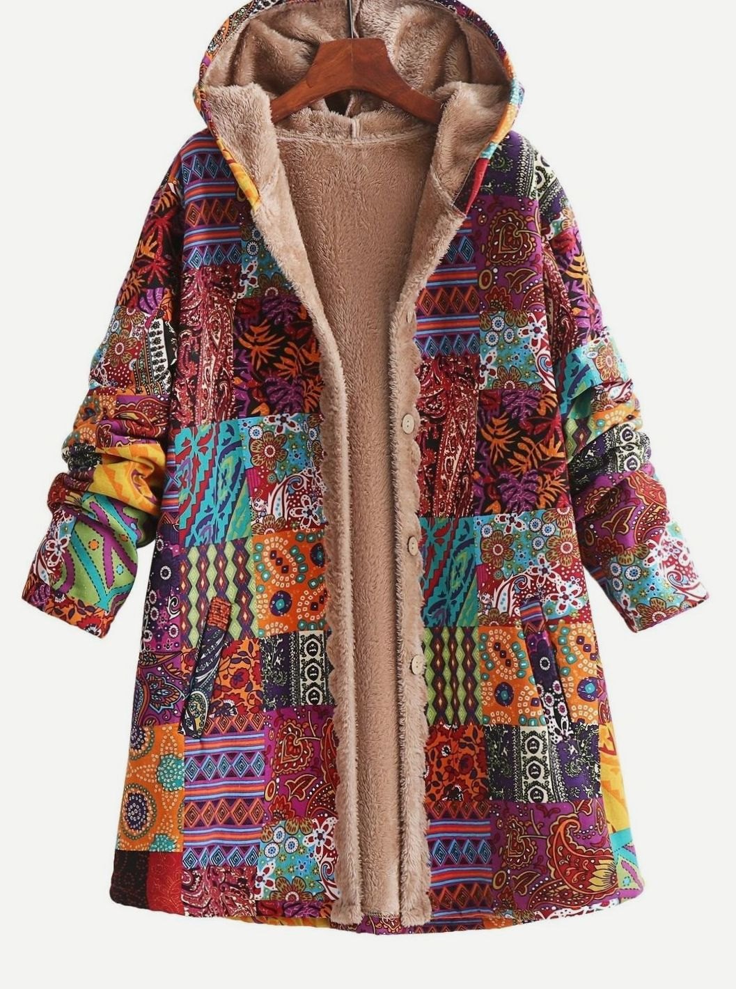 Women's Boho Patchwork Fleece-Lined Hooded Comfortable Jacket - Ginger