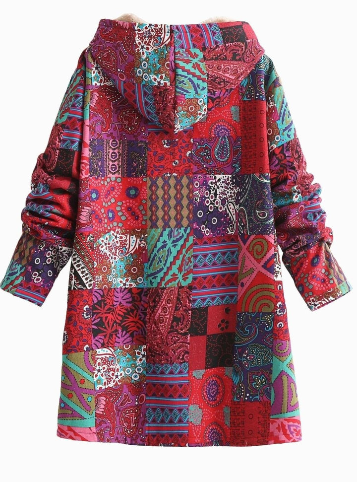 Women's Boho Patchwork Fleece-Lined Hooded Comfortable Jacket