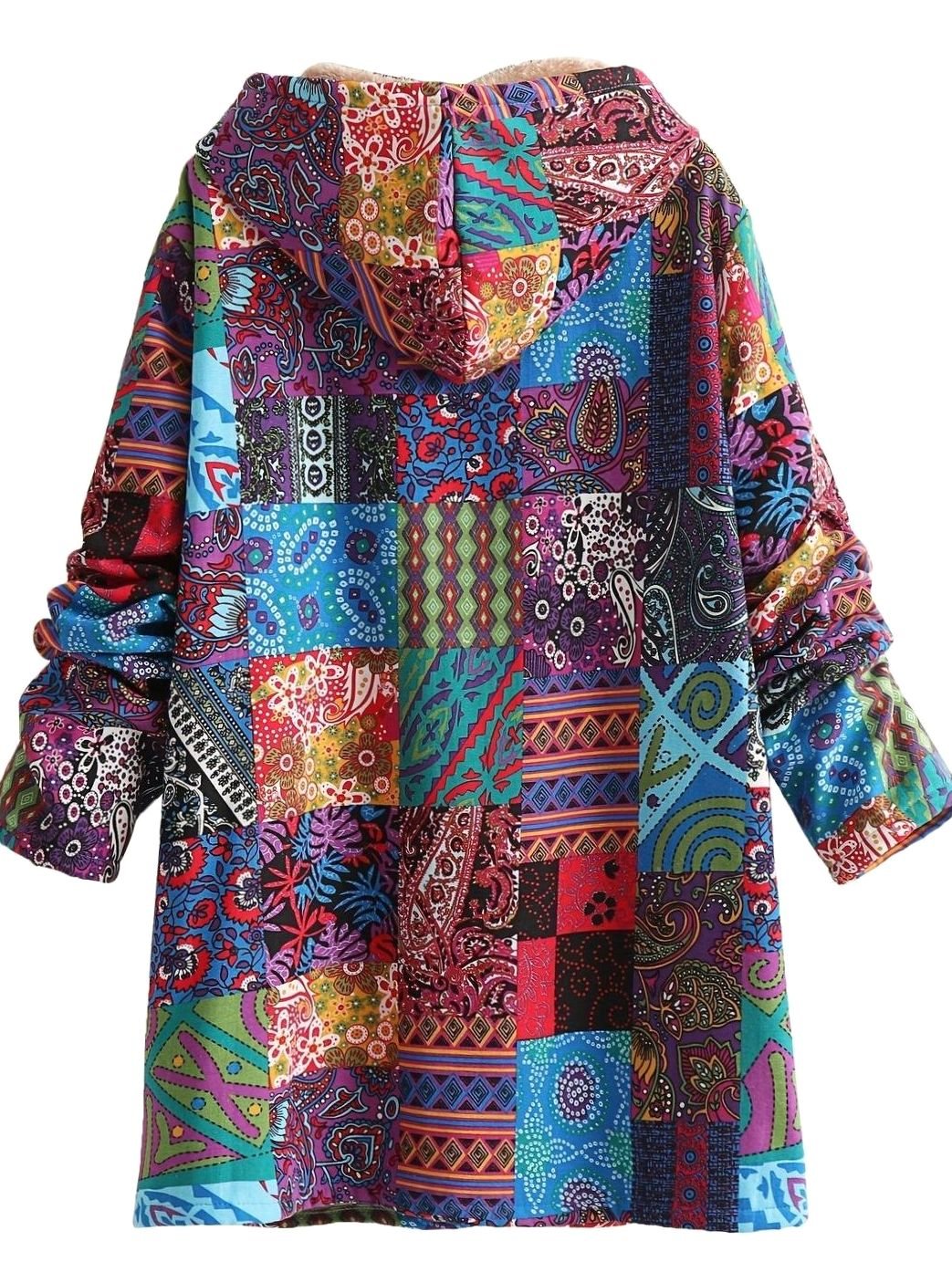 Women's Boho Patchwork Fleece-Lined Hooded Comfortable Jacket