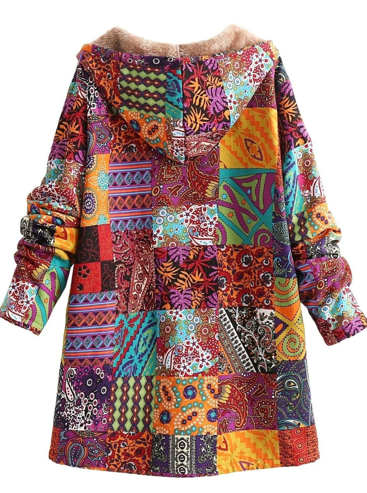 Women's Boho Patchwork Fleece-Lined Hooded Comfortable Jacket