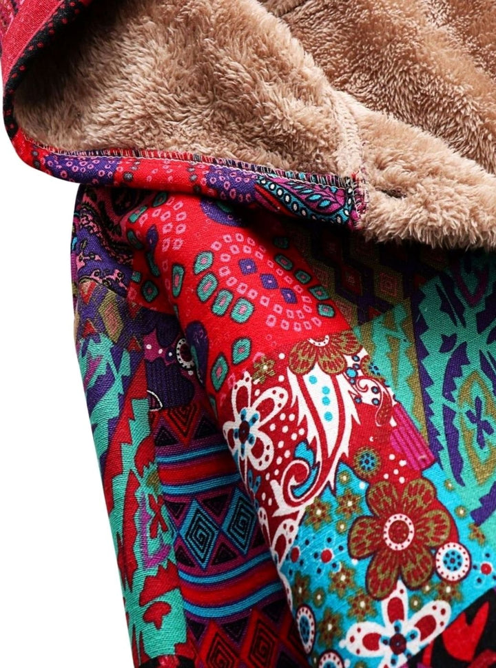 Women's Boho Patchwork Fleece-Lined Hooded Comfortable Jacket