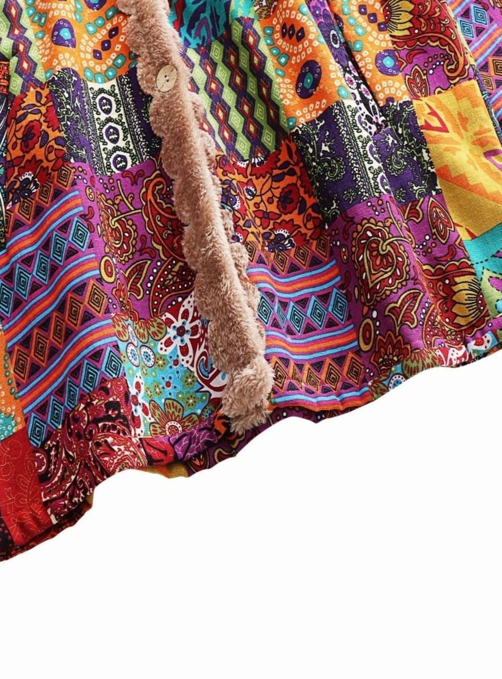 Women's Boho Patchwork Fleece-Lined Hooded Comfortable Jacket