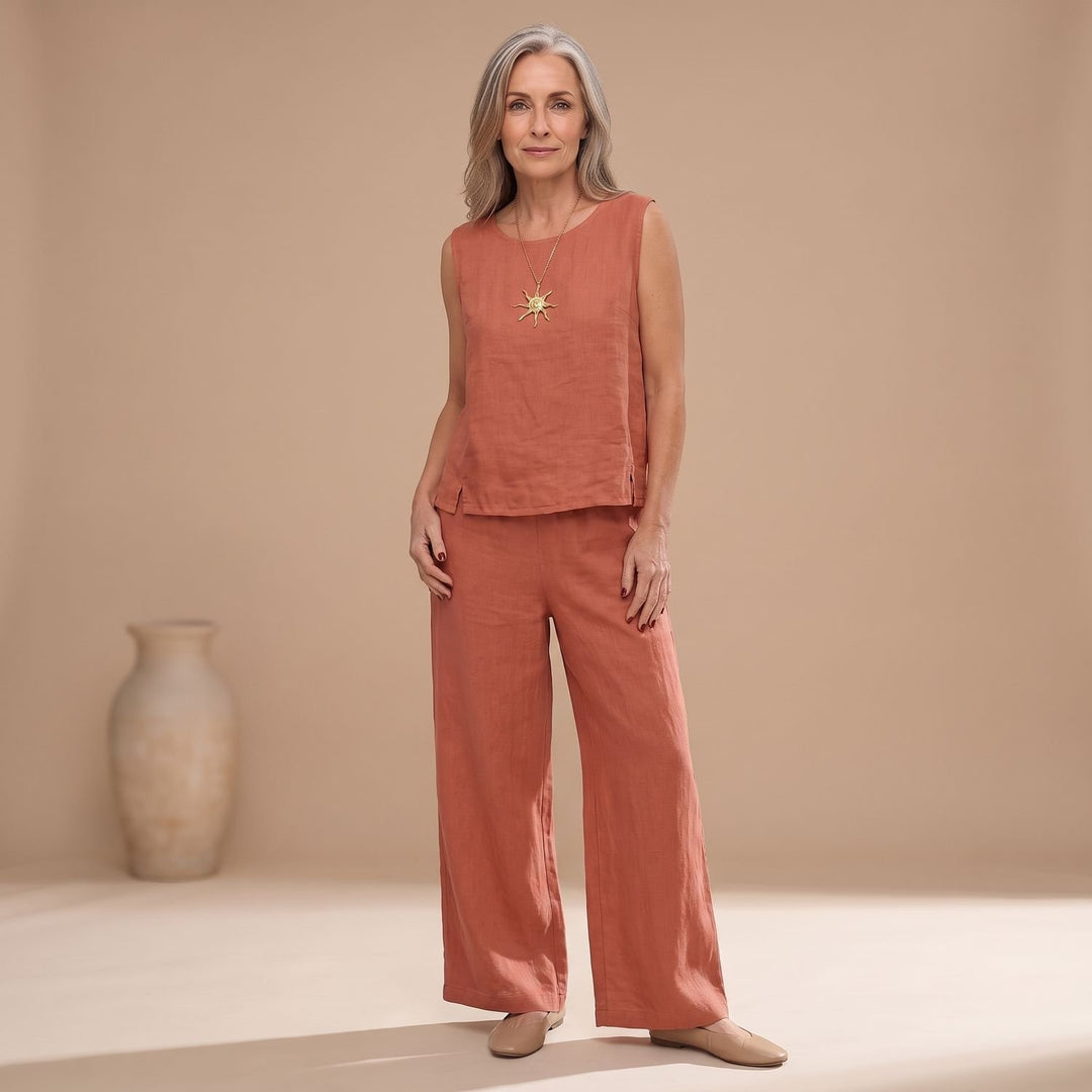 Women's Boho Sleeveless Top Wide-Leg Pants Two-Piece Set - Red
