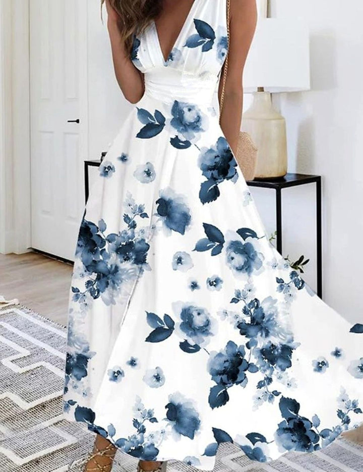 Women's Boho Sleeveless V-Neck Floral Maxi Dress