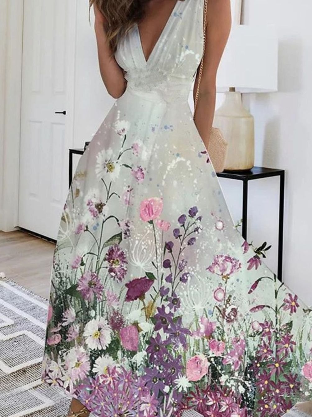 Women's Boho Sleeveless V-Neck Floral Maxi Dress - Floral Style 2