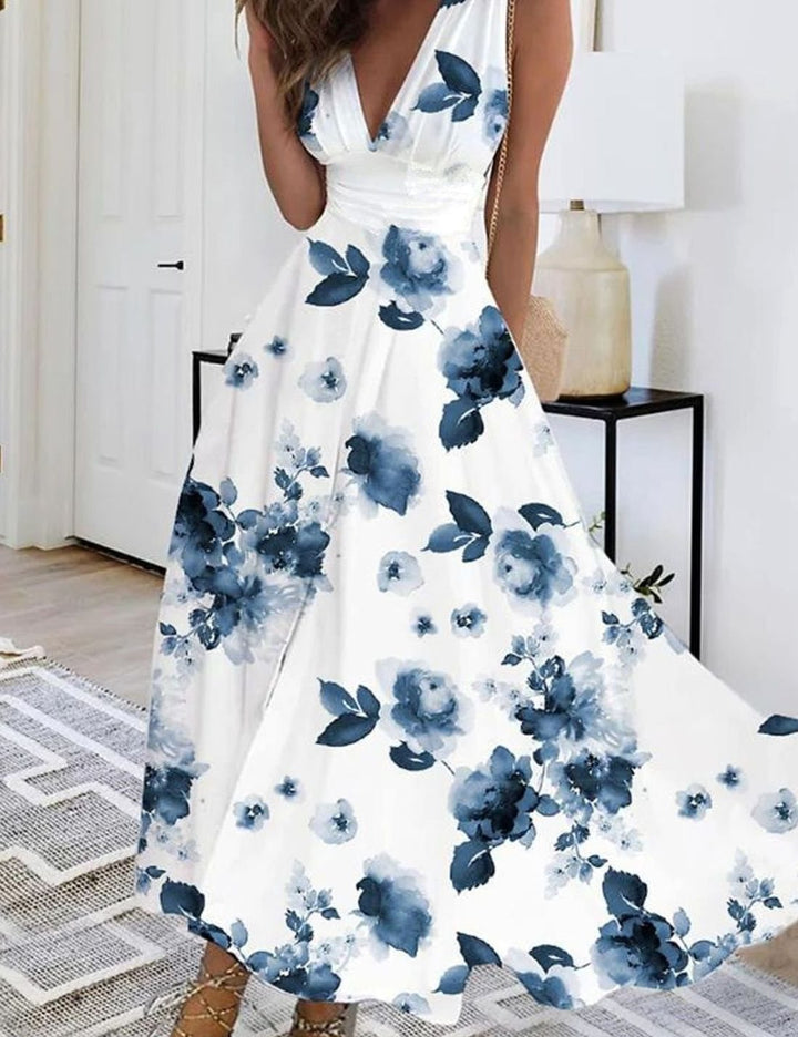 Women's Boho Sleeveless V-Neck Floral Maxi Dress