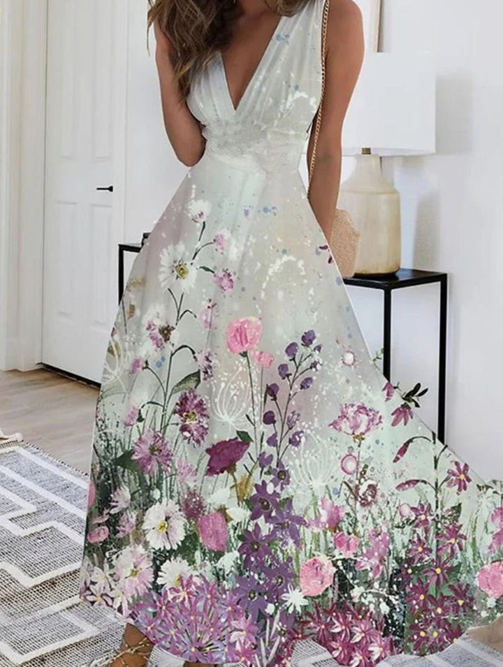 Women's Boho Sleeveless V-Neck Floral Maxi Dress
