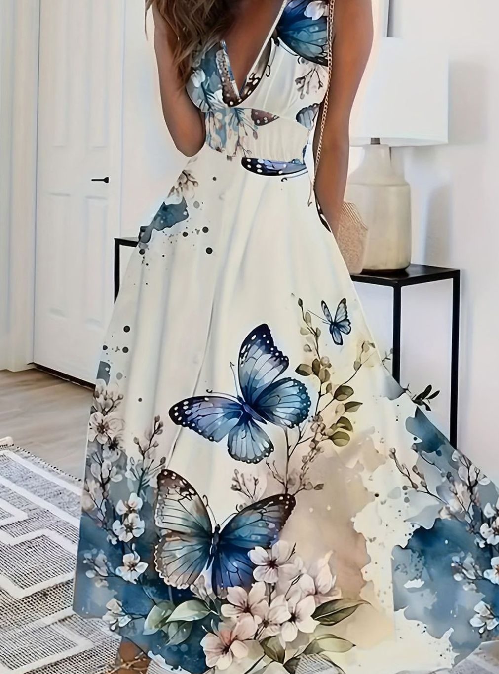 Women's Boho Sleeveless V-Neck Floral Maxi Dress