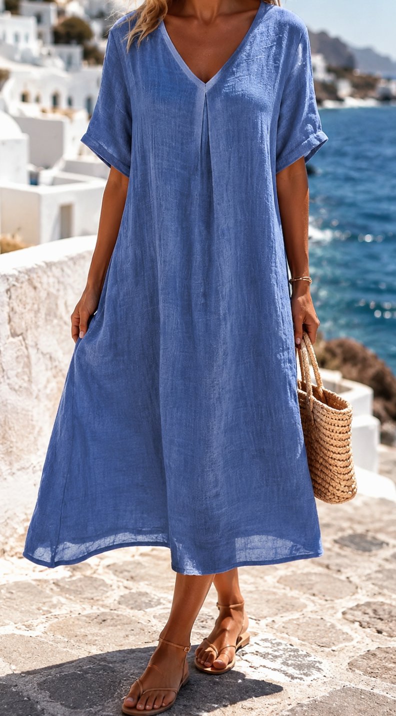 Women's Boho V-Neck Short Sleeve Flowy Maxi Dress - Blue