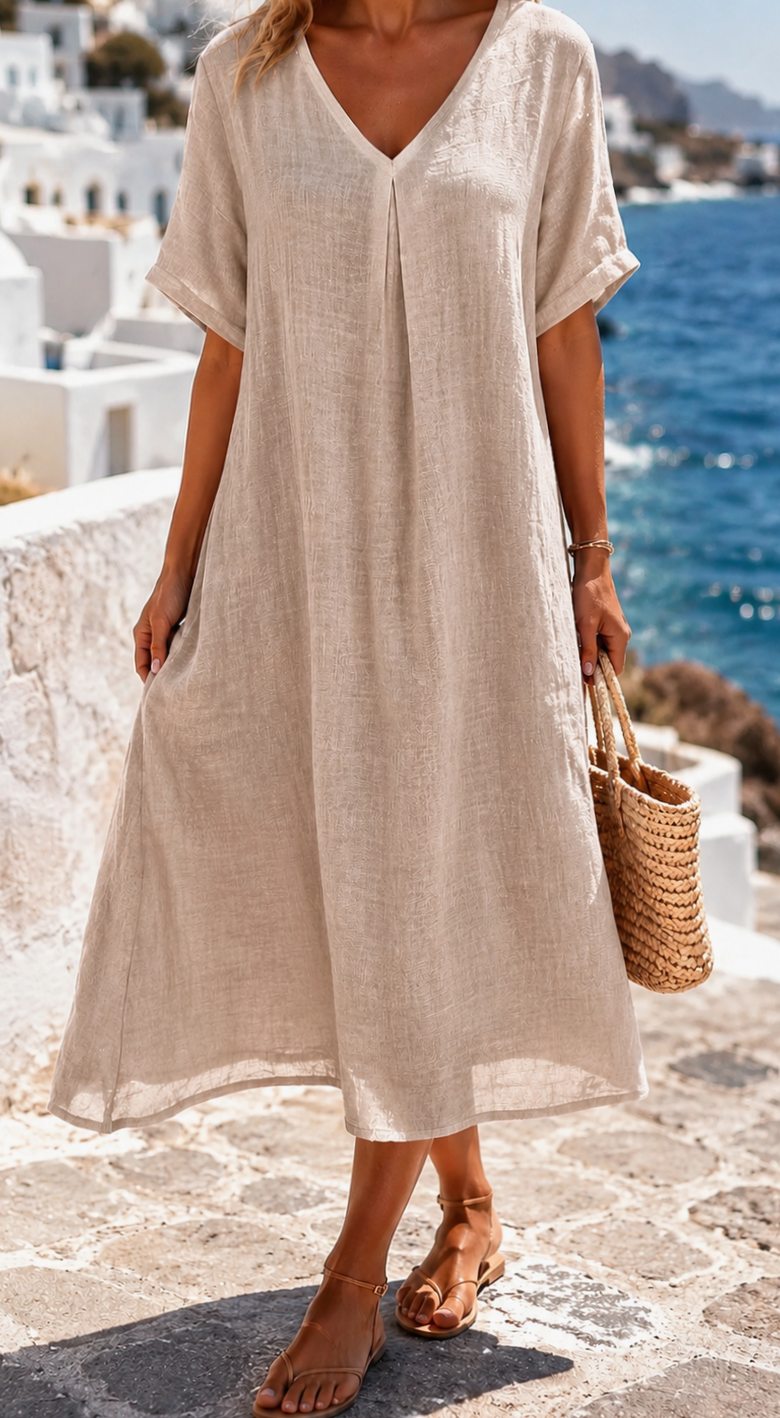 Women's Boho V-Neck Short Sleeve Flowy Maxi Dress - Beige