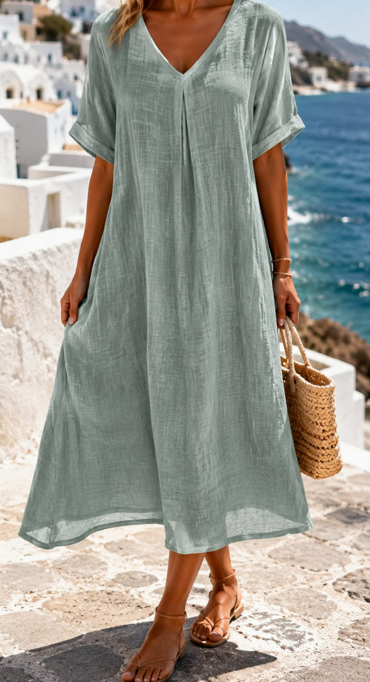 Women's Boho V-Neck Short Sleeve Flowy Maxi Dress - Light Green