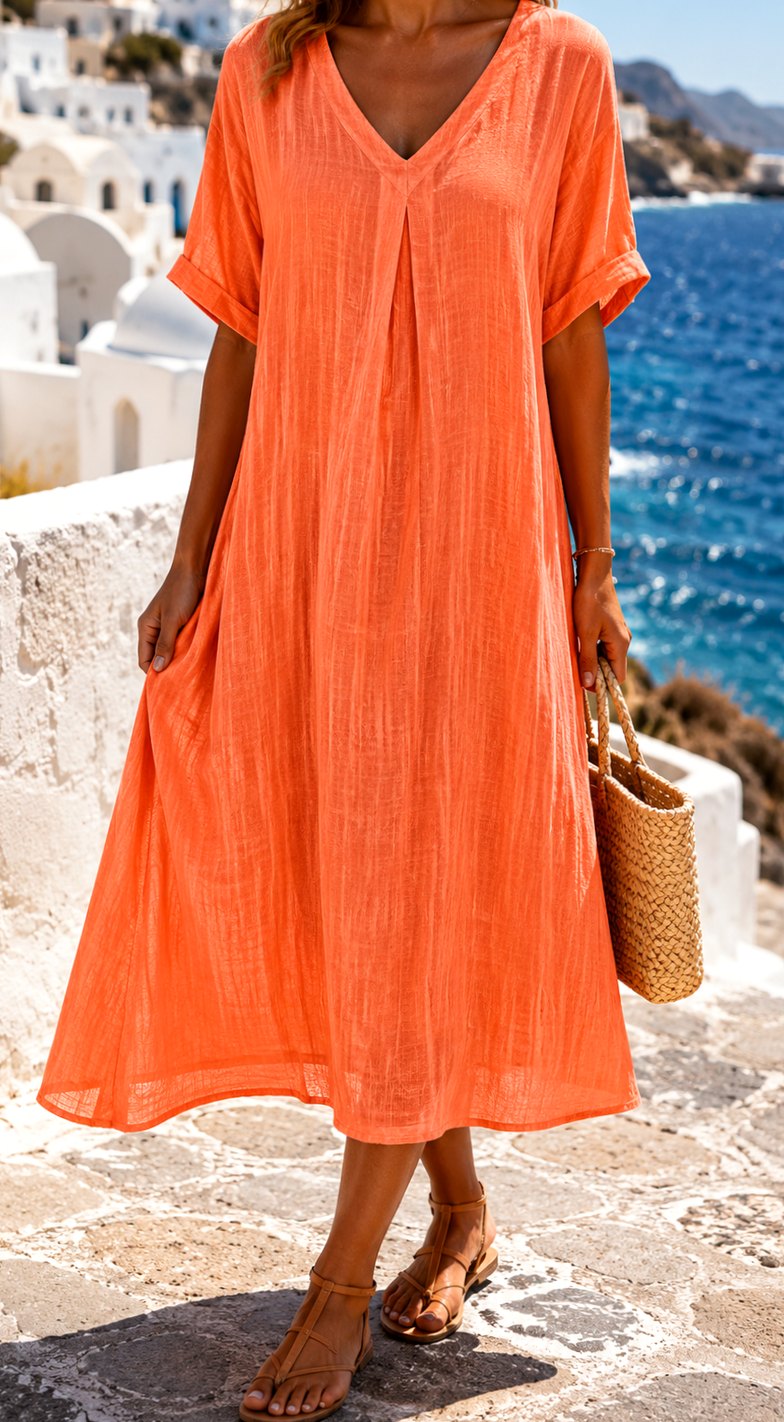 Women's Boho V-Neck Short Sleeve Flowy Maxi Dress - Orange