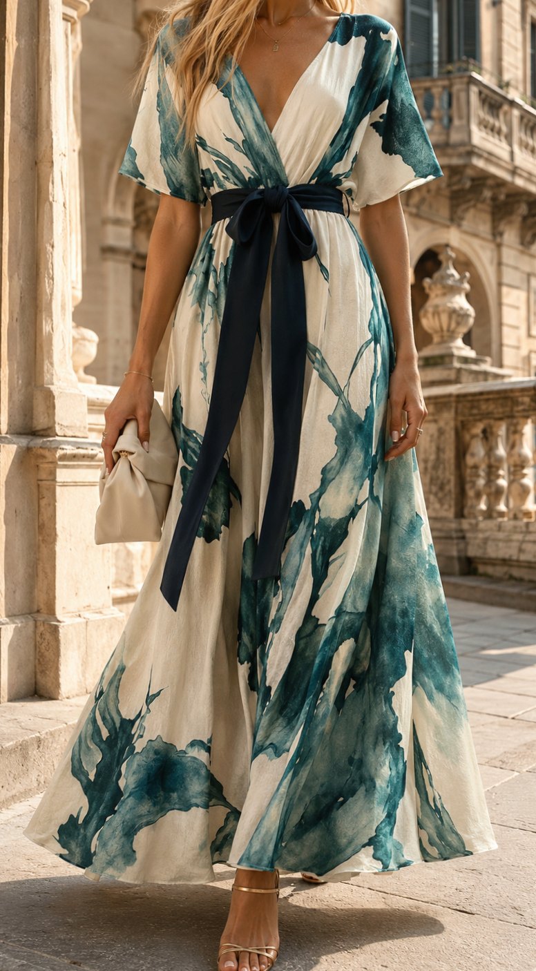 Women's Boho Watercolor-Print V-Neck Tie-Waist Maxi Dress