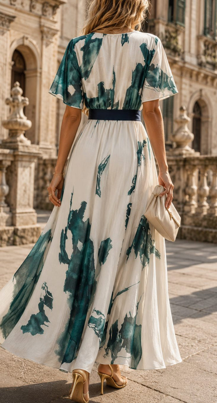 Women's Boho Watercolor-Print V-Neck Tie-Waist Maxi Dress
