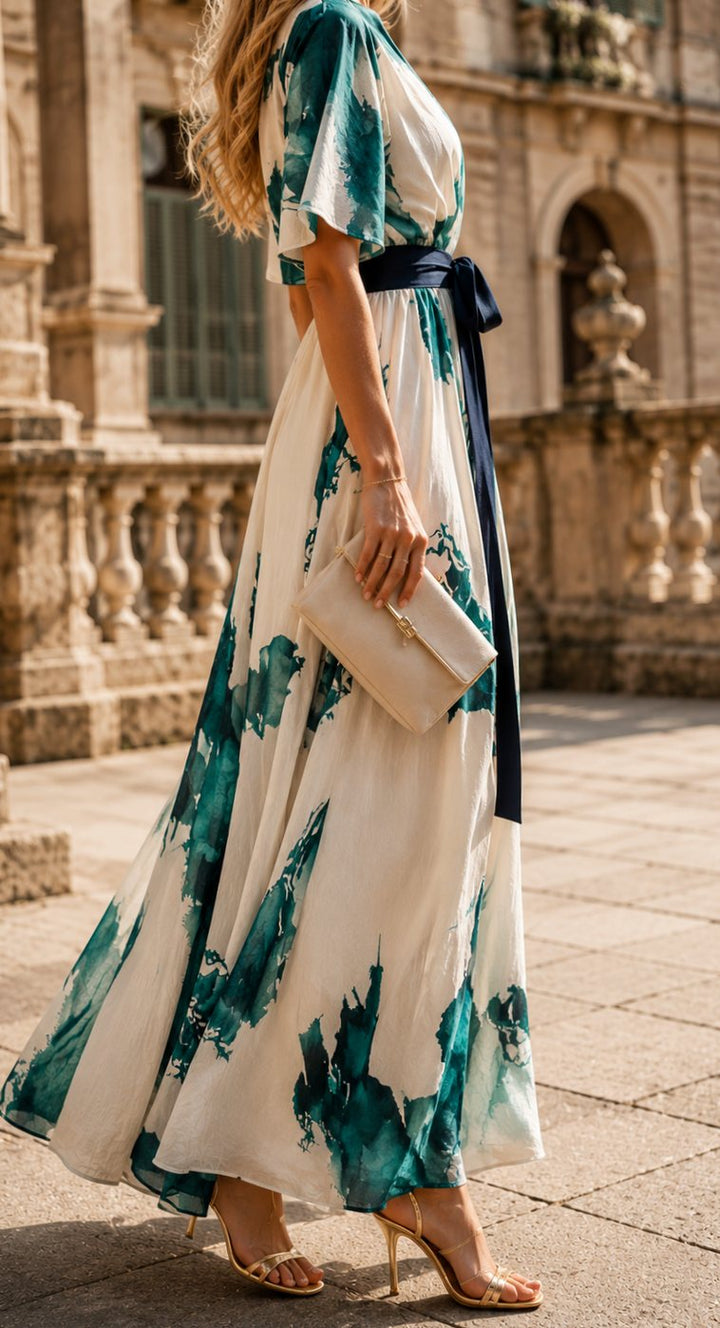 Women's Boho Watercolor-Print V-Neck Tie-Waist Maxi Dress