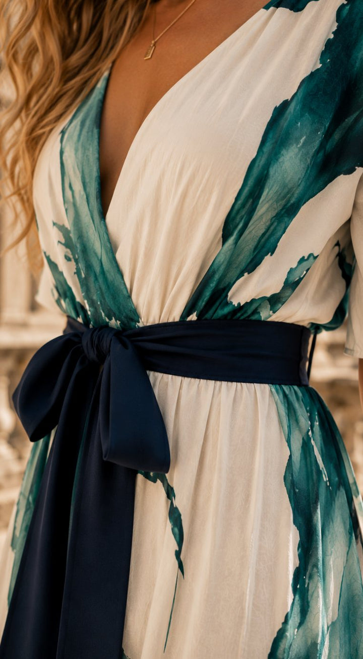 Women's Boho Watercolor-Print V-Neck Tie-Waist Maxi Dress