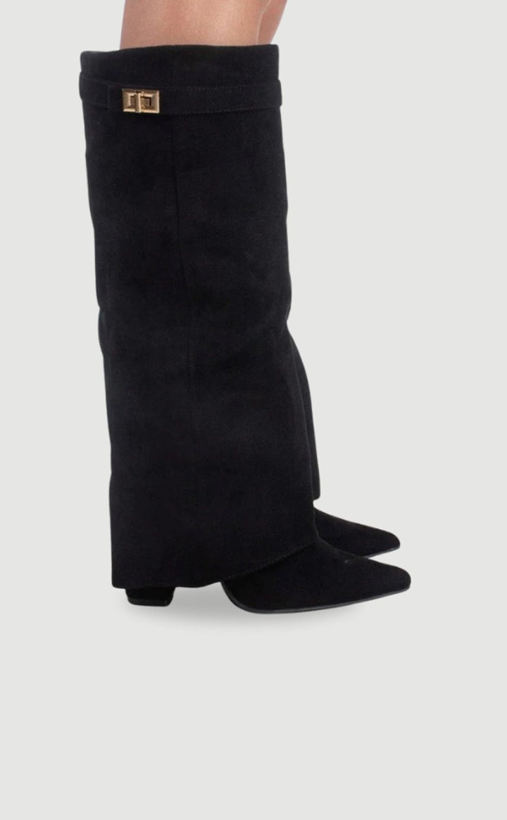 Women's Boots Black Suede Fold-Over Gold Clasp Pointed Toe