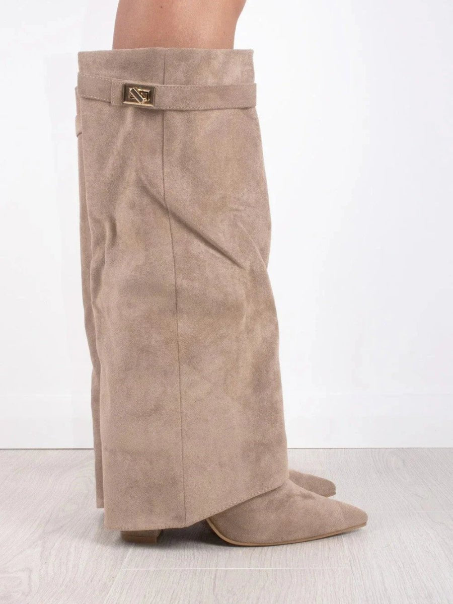 Women's Boots Black Suede Fold-Over Gold Clasp Pointed Toe - Beige