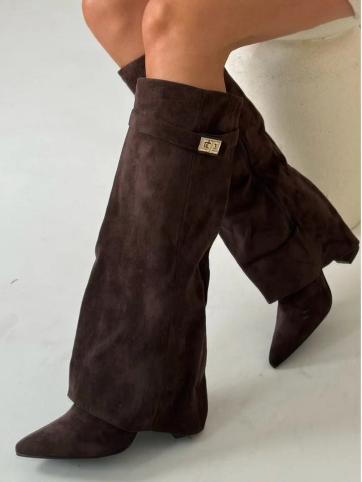 Women's Boots Black Suede Fold-Over Gold Clasp Pointed Toe