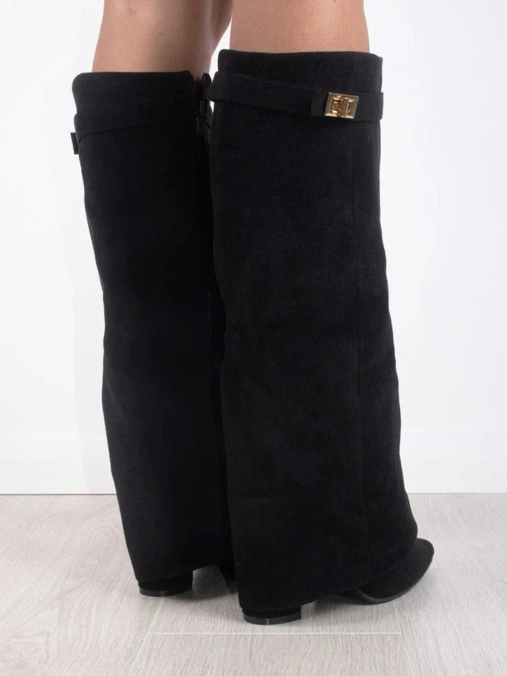 Women's Boots Black Suede Fold-Over Gold Clasp Pointed Toe