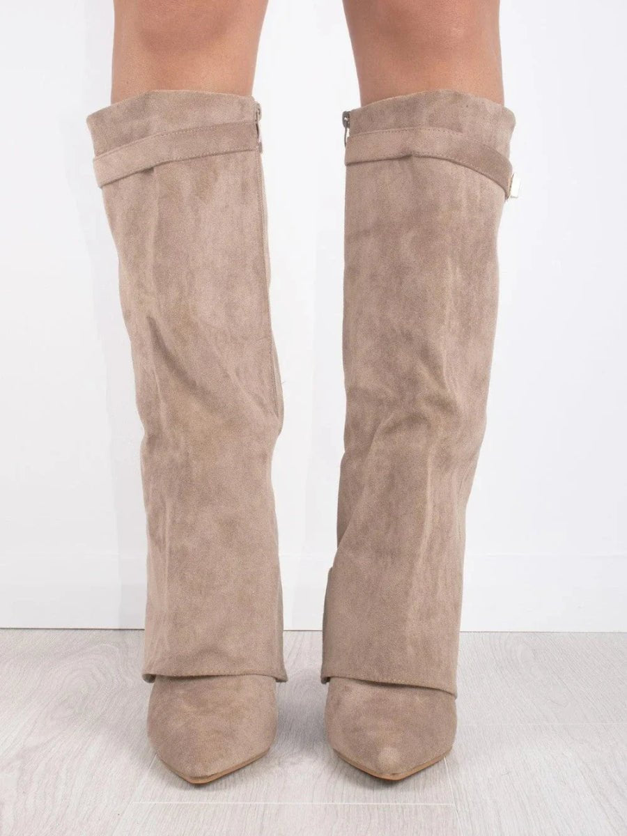 Women's Boots Black Suede Fold-Over Gold Clasp Pointed Toe
