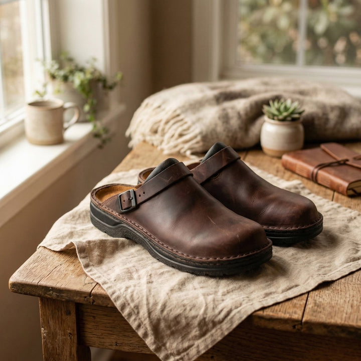 Women's Boots Full-Grain Leather Slip-On Clogs - Dark Brown