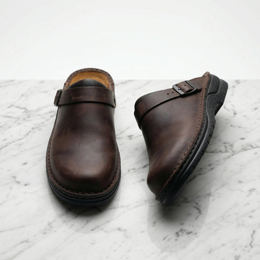 Women's Boots Premium Leather Slip-On Clogs - Dark Brown