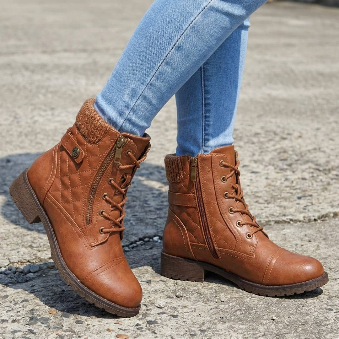 Women's Boots Quilted Faux Leather Lace-Up Side Zip Ankle Boots - Brown