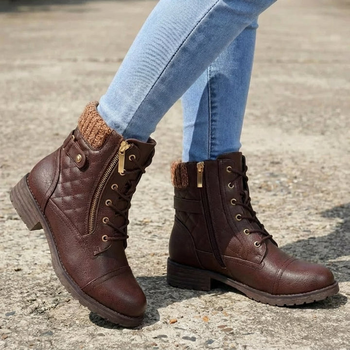 Women's Boots Quilted Faux Leather Lace-Up Side Zip Ankle Boots
