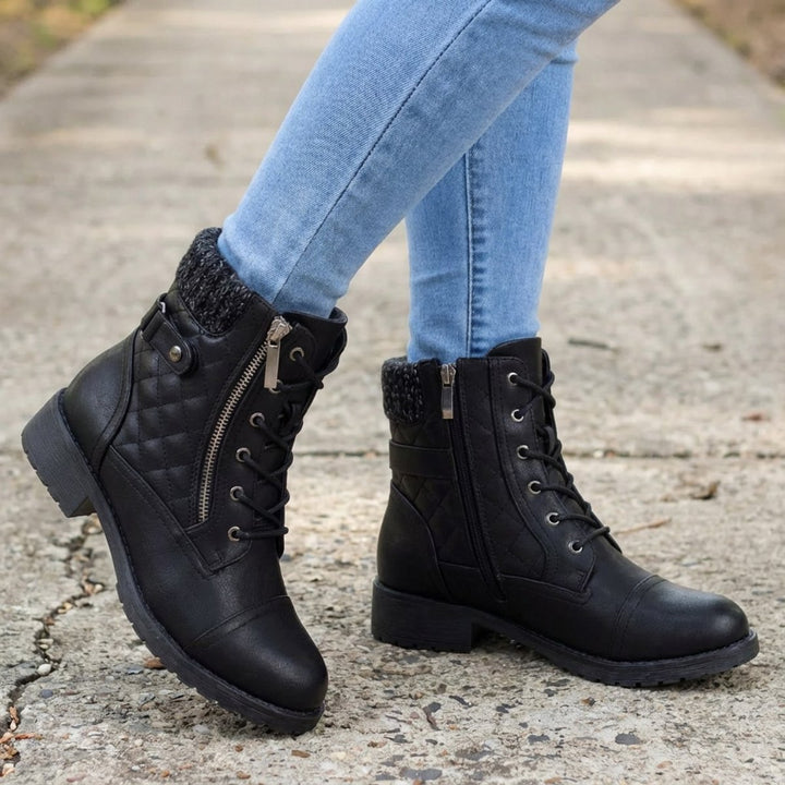 Women's Boots Quilted Faux Leather Lace-Up Side Zip Ankle Boots - Black