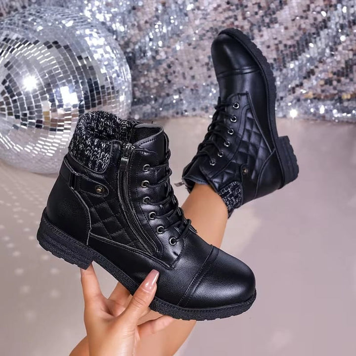 Women's Boots Quilted Faux Leather Lace-Up Side Zip Ankle Boots