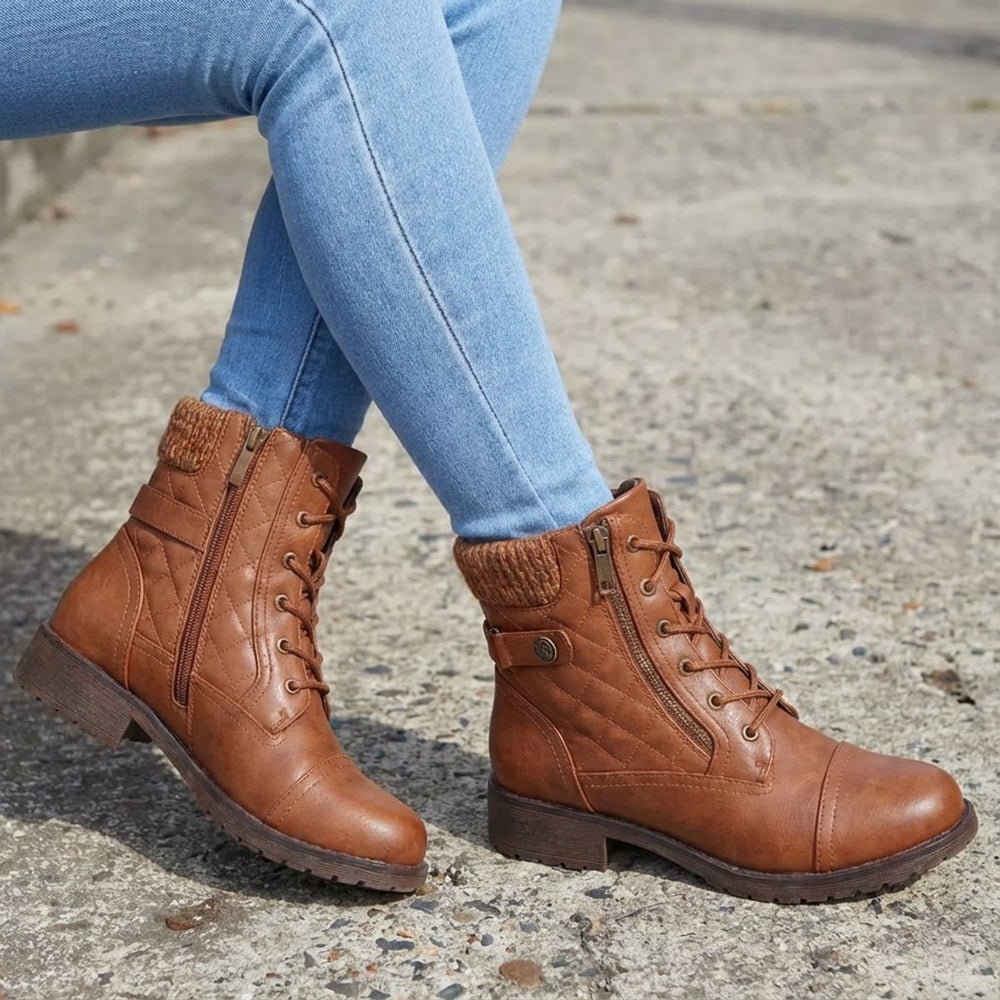 Women's Boots Quilted Faux Leather Lace-Up Side Zip Ankle Boots