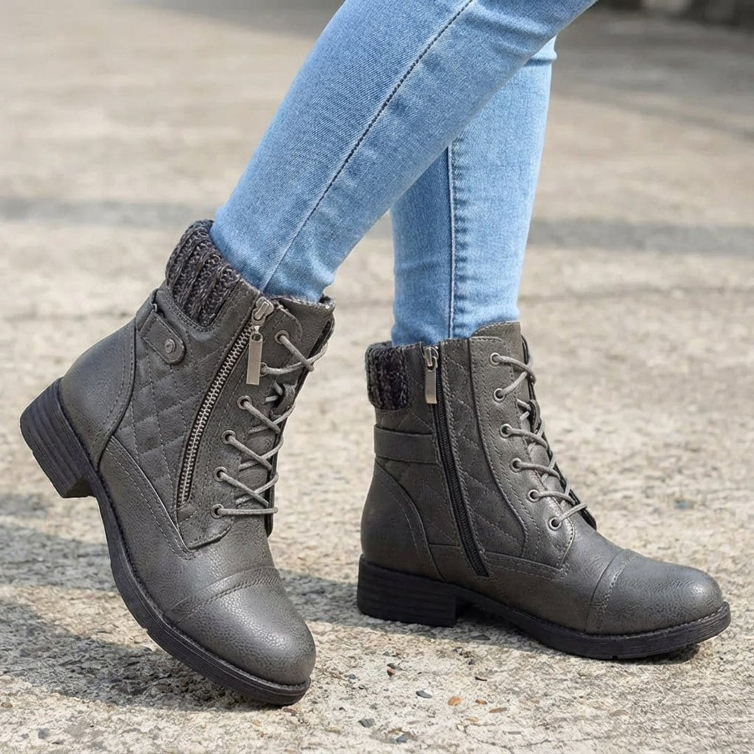 Women's Boots Quilted Faux Leather Lace-Up Side Zip Ankle Boots - Gray