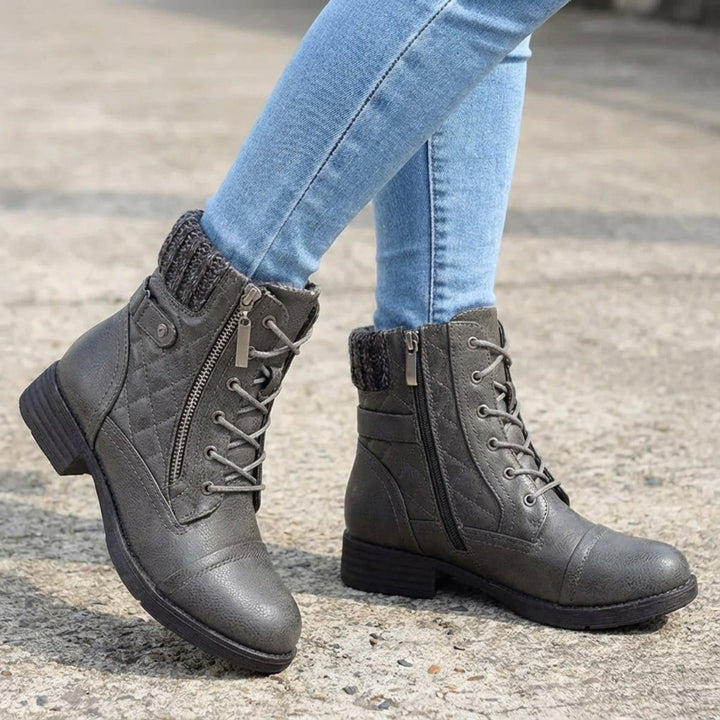 Women's Boots Quilted Faux Leather Lace-Up Side Zip Ankle Boots - Gray