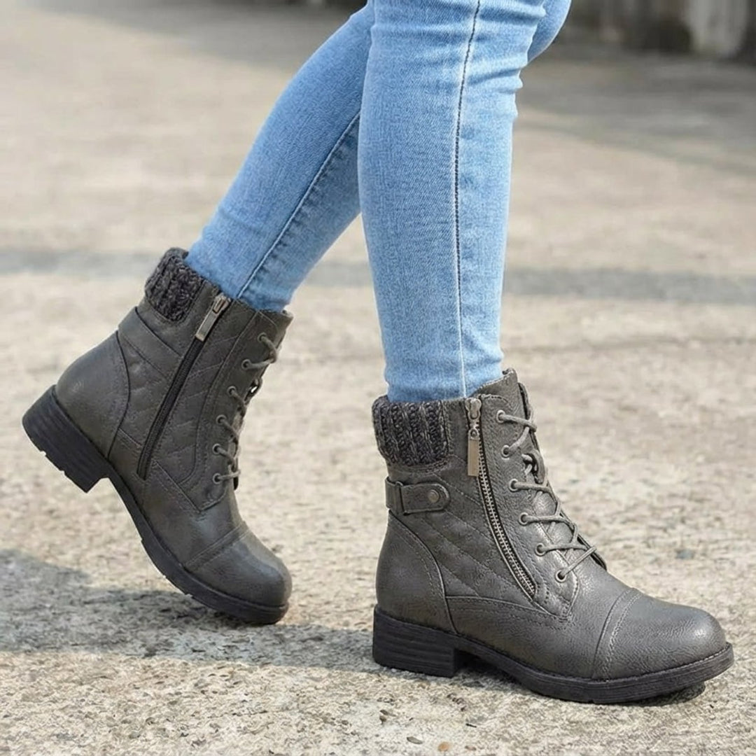 Women's Boots Quilted Faux Leather Lace-Up Side Zip Ankle Boots