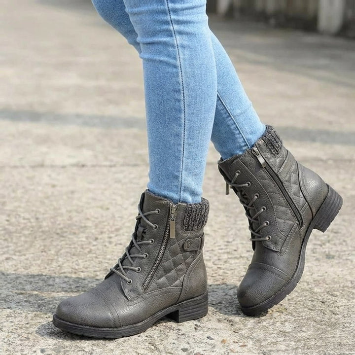 Women's Boots Quilted Faux Leather Lace-Up Side Zip Ankle Boots