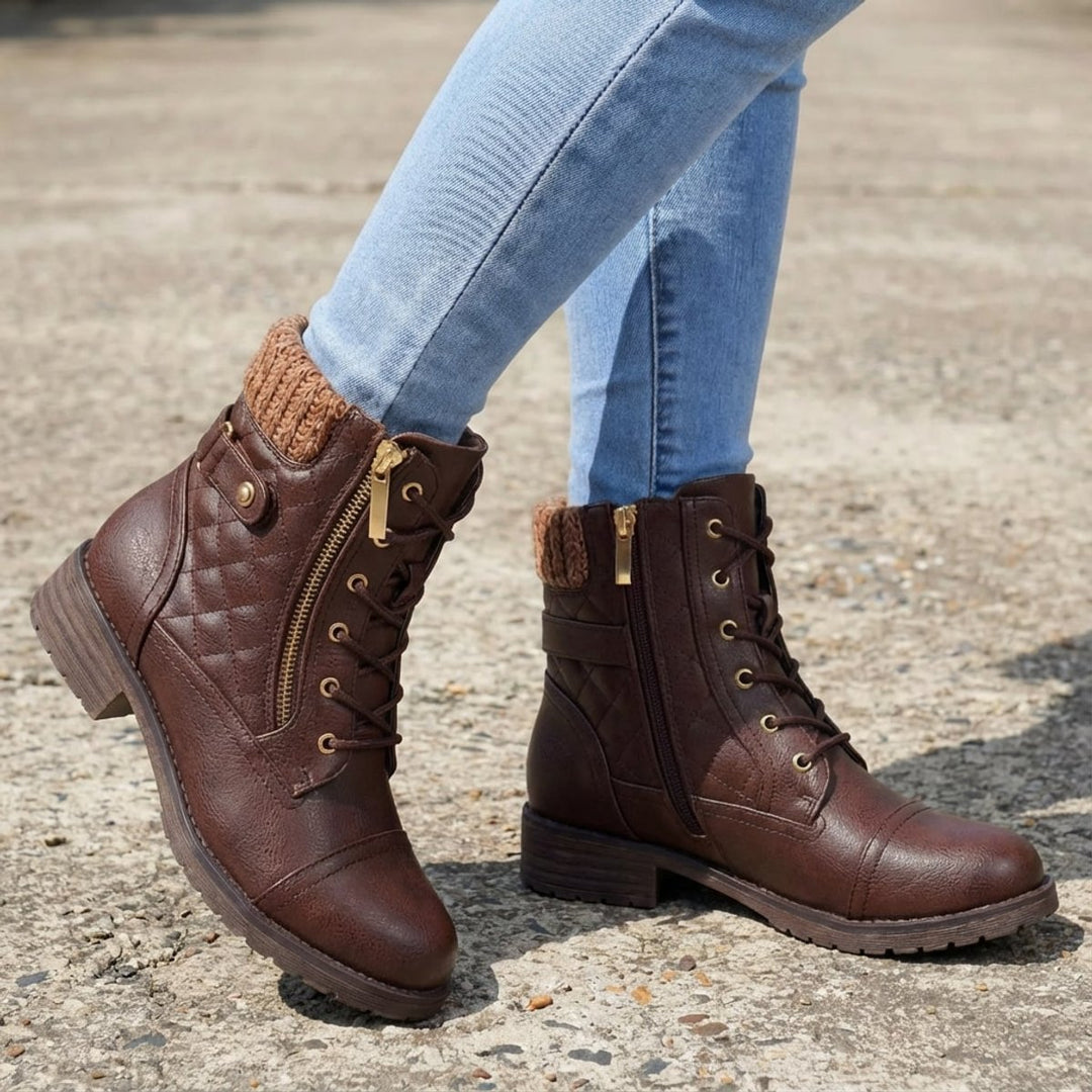 Women's Boots Quilted Faux Leather Lace-Up Side Zip Ankle Boots - Dark Brown