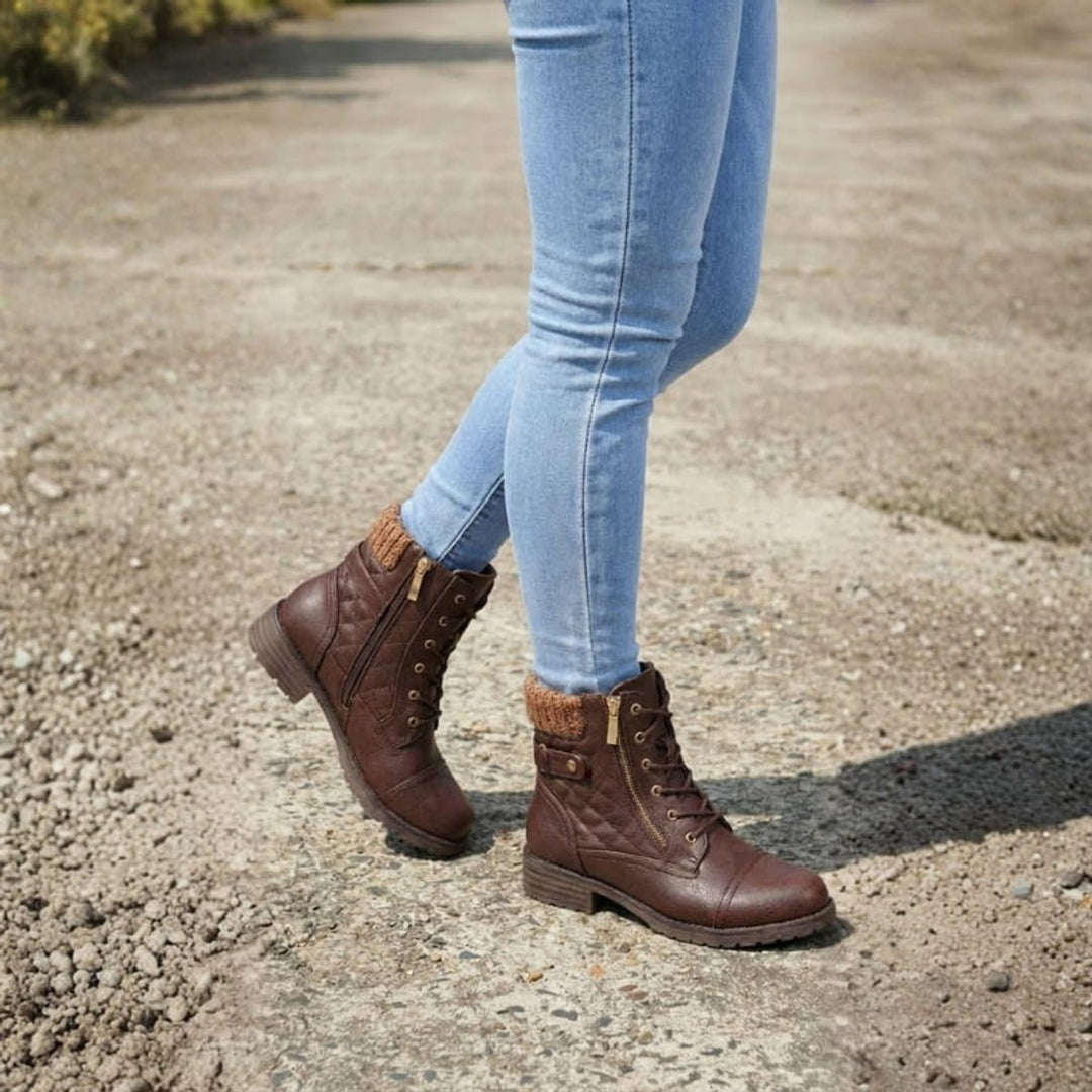 Women's Boots Quilted Faux Leather Lace-Up Side Zip Ankle Boots