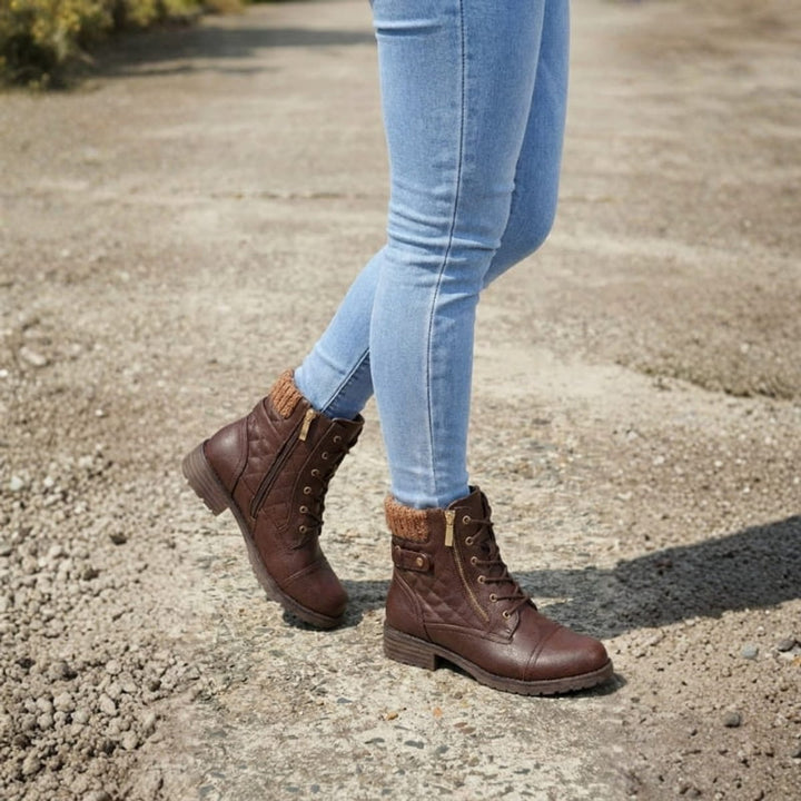 Women's Boots Quilted Faux Leather Lace-Up Side Zip Ankle Boots