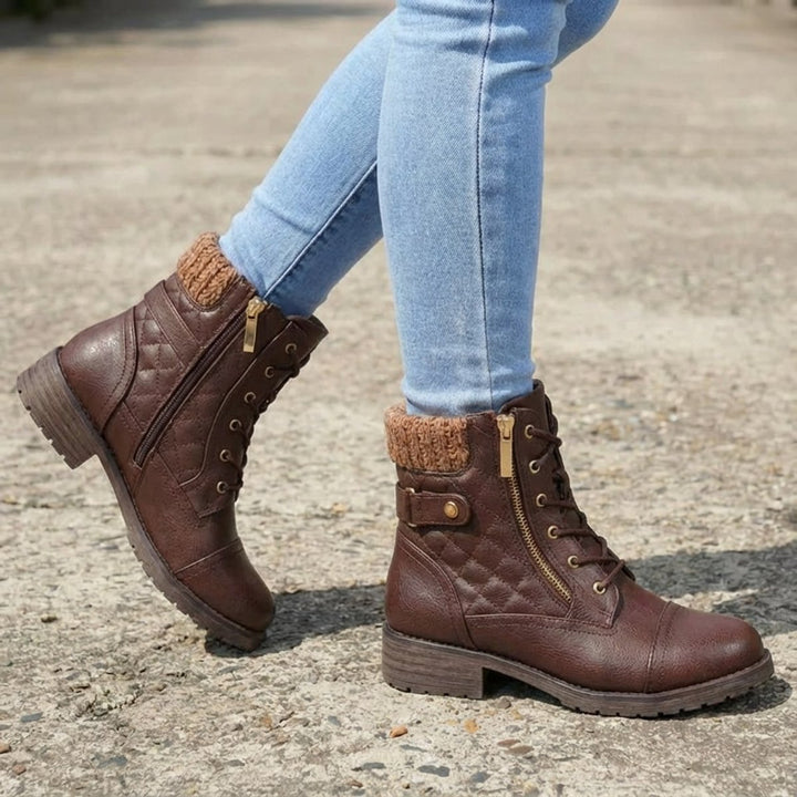 Women's Boots Quilted Faux Leather Lace-Up Side Zip Ankle Boots