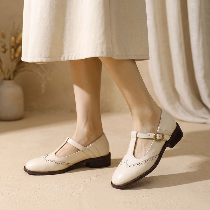 Women's Brogue T-Bar Mary Jane Block Heel Flats - Beige