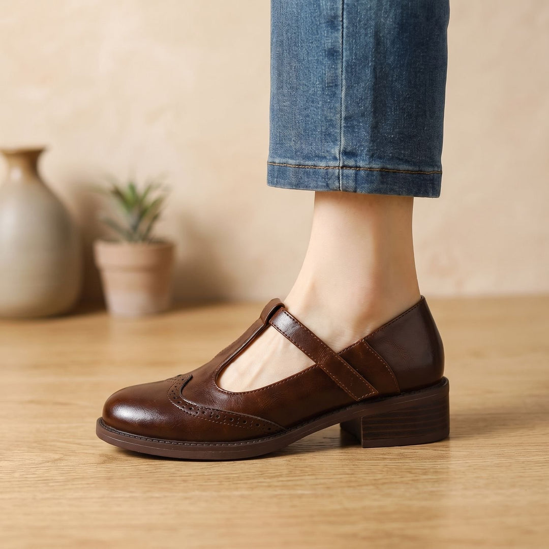 Women's Brogue T-Bar Mary Jane Block Heel Flats
