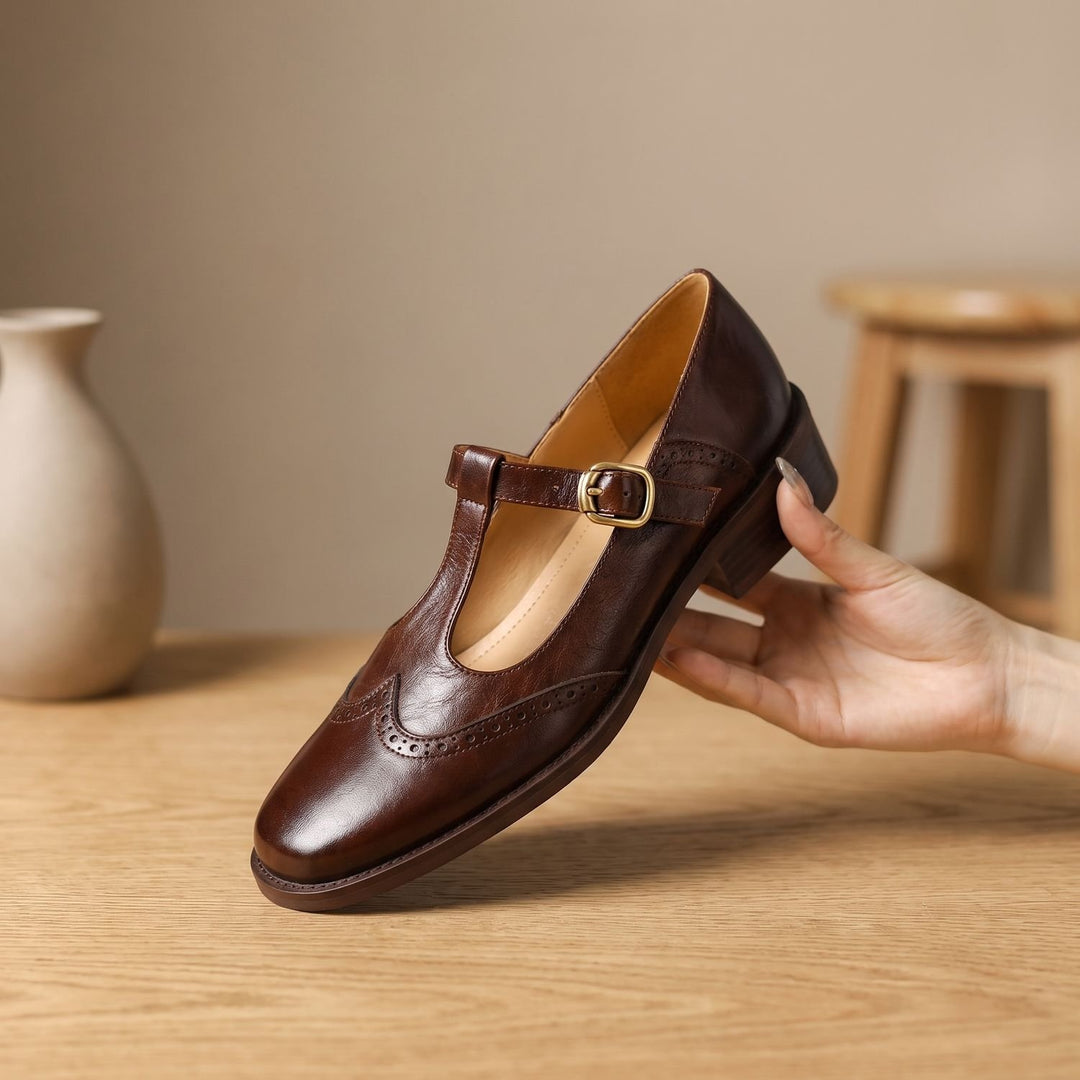 Women's Brogue T-Bar Mary Jane Block Heel Flats