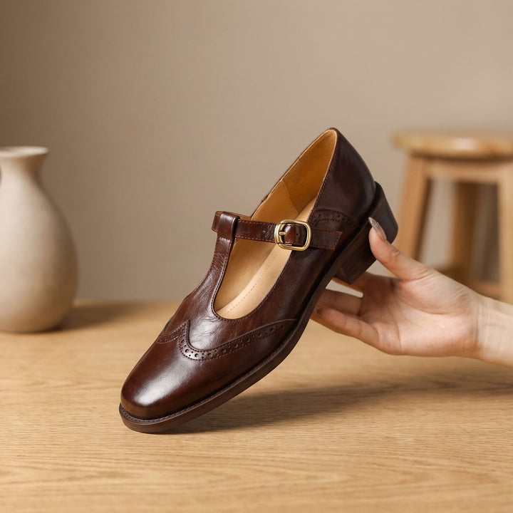 Women's Brogue T-Bar Mary Jane Block Heel Flats