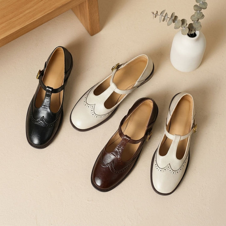 Women's Brogue T-Bar Mary Jane Block Heel Flats
