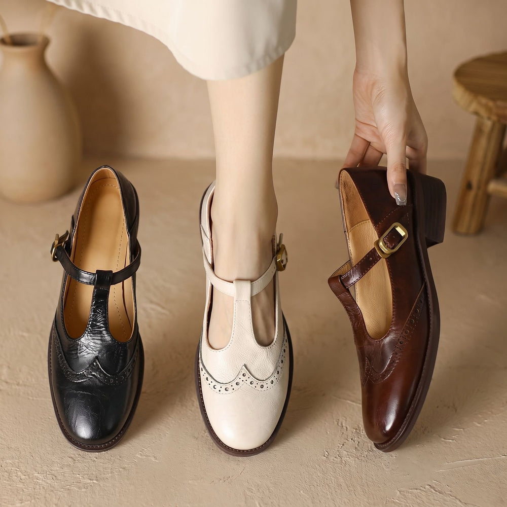 Women's Brogue T-Bar Mary Jane Block Heel Flats