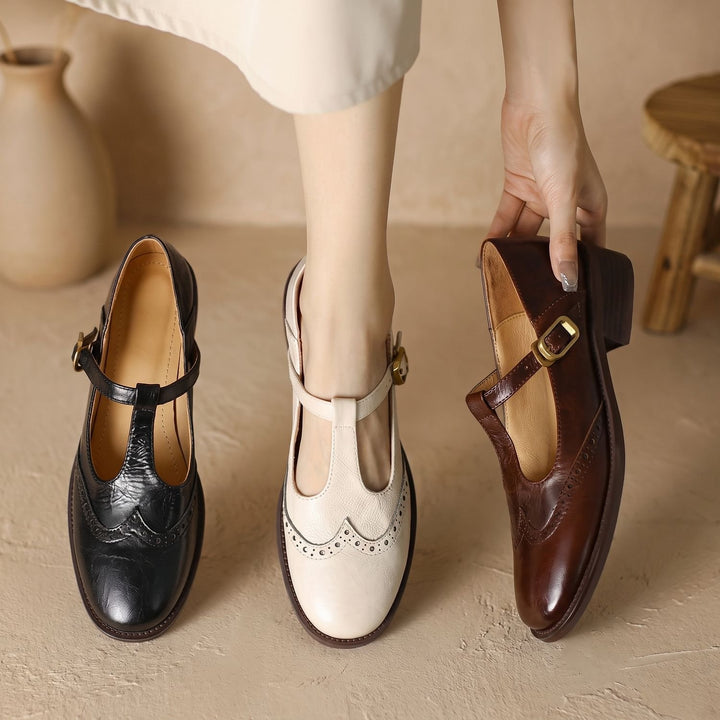 Women's Brogue T-Bar Mary Jane Block Heel Flats