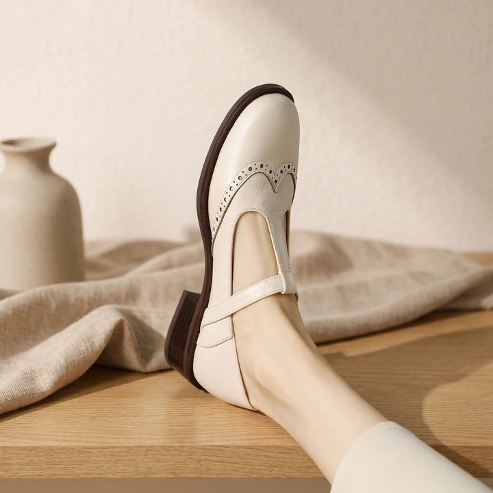 Women's Brogue T-Bar Mary Jane Block Heel Flats