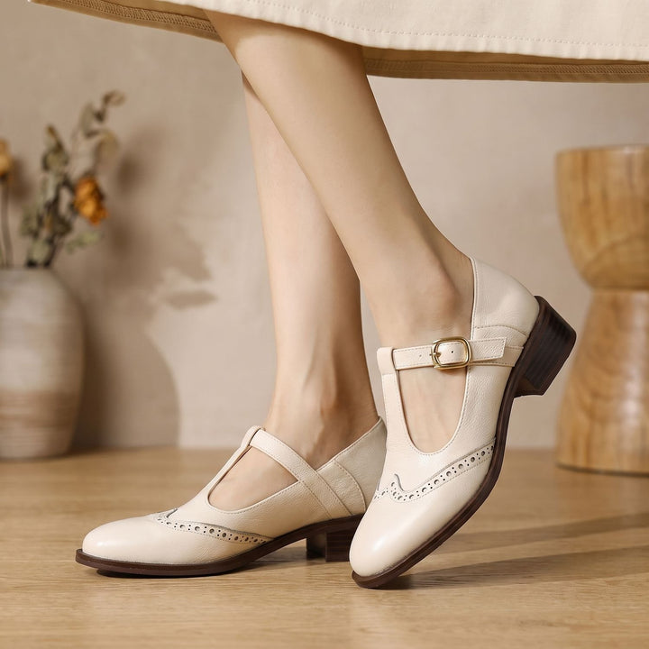 Women's Brogue T-Bar Mary Jane Block Heel Flats